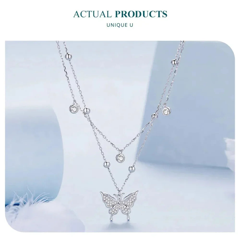Collier pendentif papillon à double couche en argent sterling 925 pour femme - Bijoux fins élégants