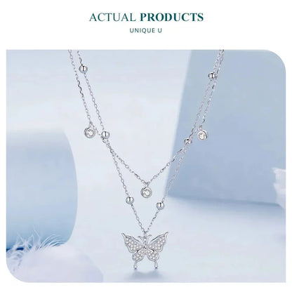 Collier pendentif papillon à double couche en argent sterling 925 pour femme - Bijoux fins élégants