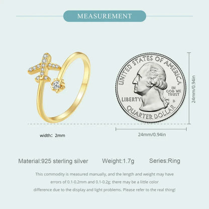 925 Sterling Silver CZ Flying Plane Open Ring