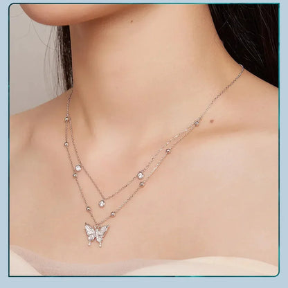 Collier pendentif papillon à double couche en argent sterling 925 pour femme - Bijoux fins élégants