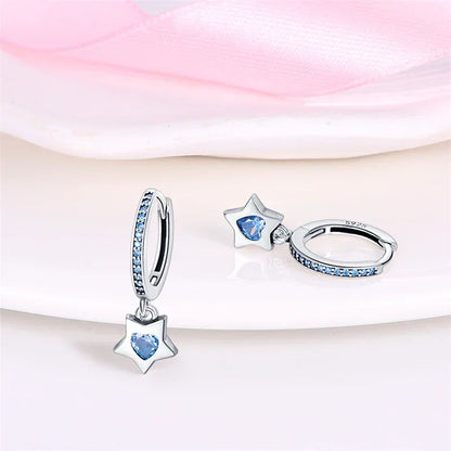 Boucles d'oreilles créoles en argent sterling Charme Céleste avec étoile bleue et cœur