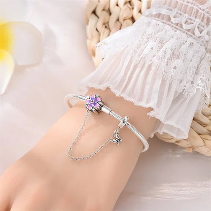Bracelet à breloques floral en argent sterling avec chaîne de sécurité