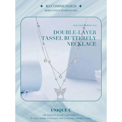 Collier pendentif papillon à double couche en argent sterling 925 pour femme - Bijoux fins élégants
