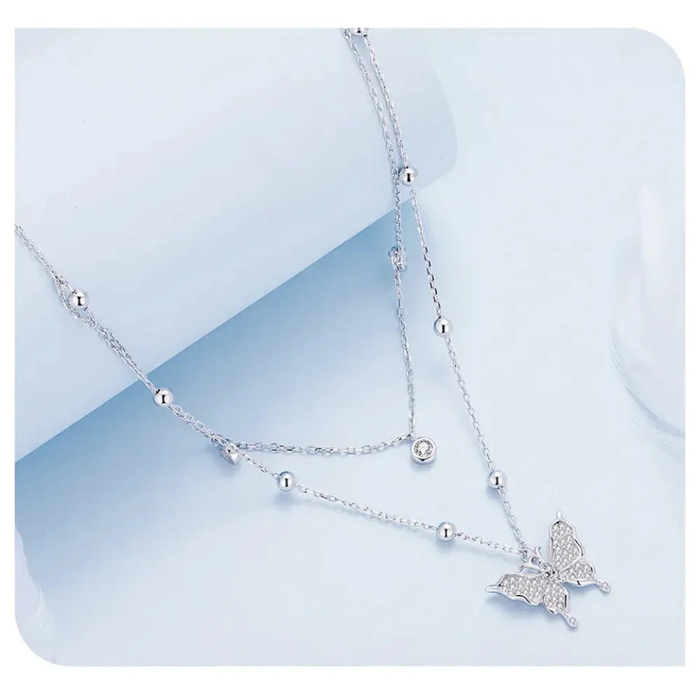 Collier pendentif papillon à double couche en argent sterling 925 pour femme - Bijoux fins élégants