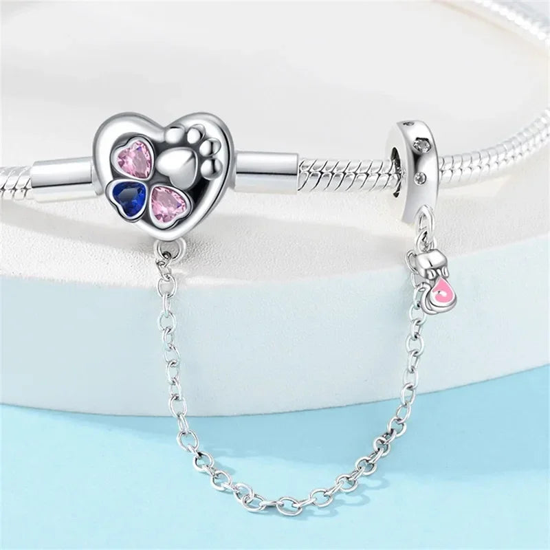 Sterling Silver Heart Paw Print Charm Bracelet with Safety Chain