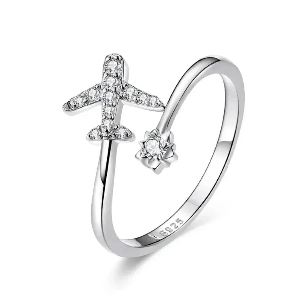 925 Sterling Silver CZ Flying Plane Open Ring