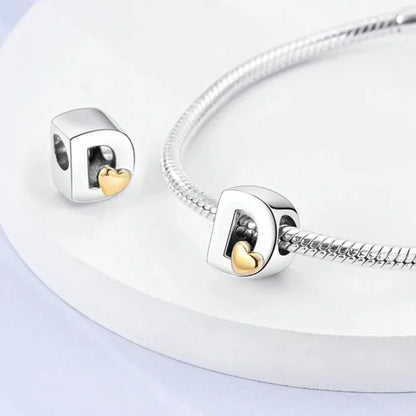 925 Sterling Silver Initial Charm with Gold Heart