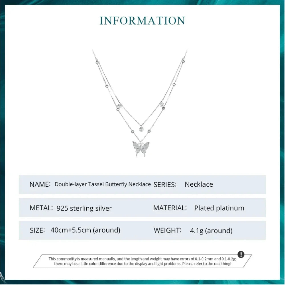 Collier pendentif papillon à double couche en argent sterling 925 pour femme - Bijoux fins élégants