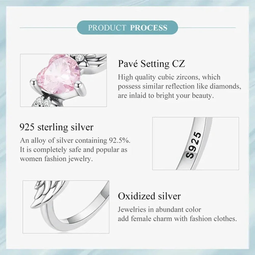 Bague en argent sterling 925 avec ailes de cœur rose et zircone cubique