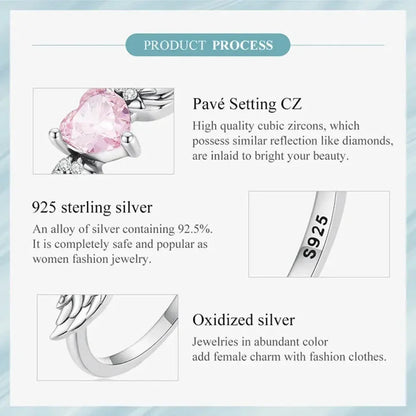 Bague en argent sterling 925 avec ailes de cœur rose et zircone cubique