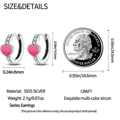 Romantic Pink Heart Sterling Silver Huggie Hoop Earrings With Cubic Zirconia