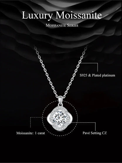Collier pendentif Trèfle porte-bonheur en argent sterling et moissanite 1 carat