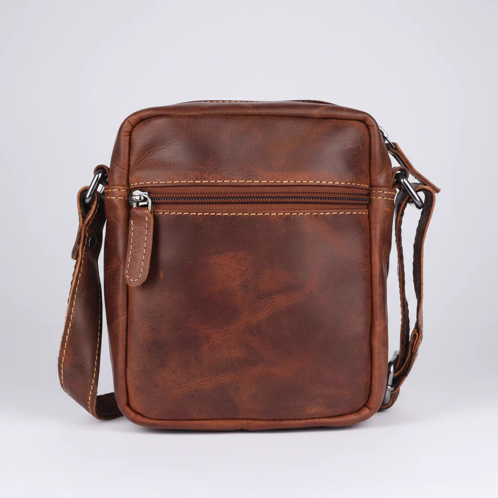 Greenwood Leather Mini-Messenger Bag. Premium Compact Crossbody Travel Organizer