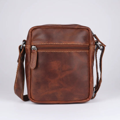Greenwood Leather Mini-Messenger Bag. Premium Compact Crossbody Travel Organizer