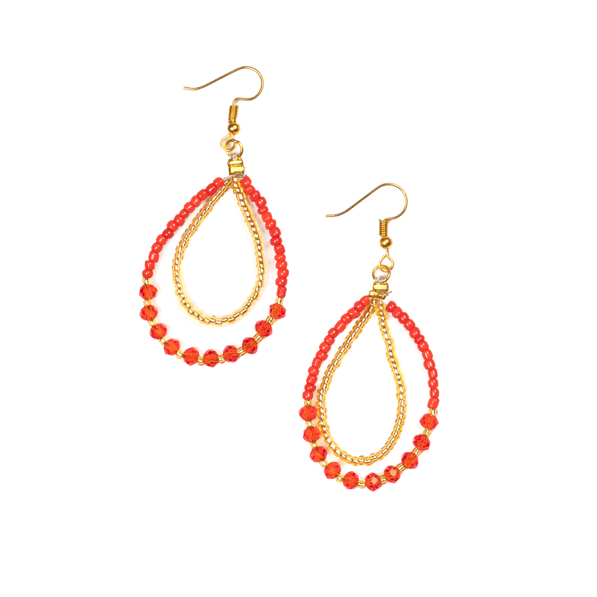 Boucle d'oreille goutte avec perle de cristal rouge et or