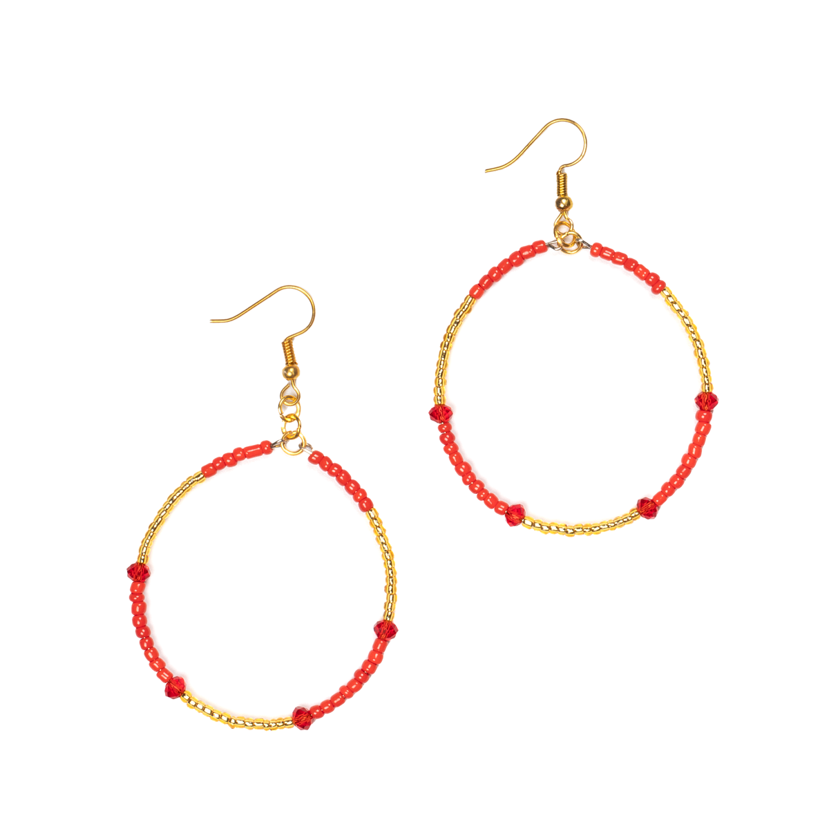 Mixed Bead Hoop Earring In Red & Gold