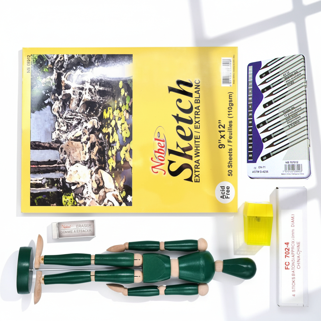 Kit de dessin de base avec fusain de saule - avec boîte de rangement
