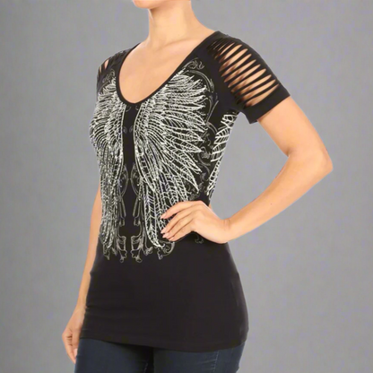 Haut raglan à strass ailes d'ange pour femme