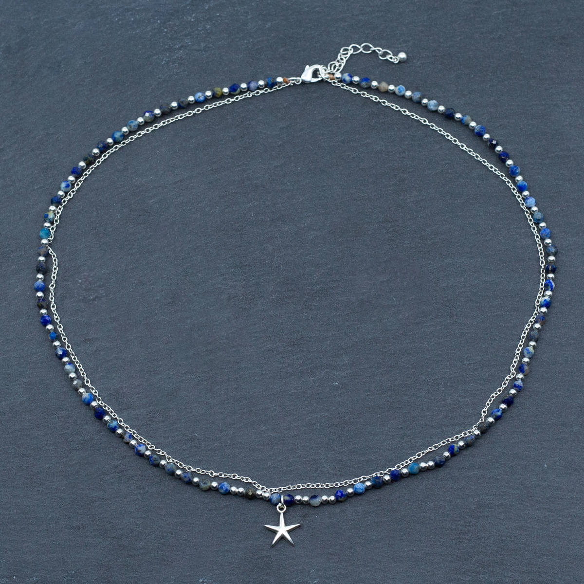 Blue Crystal Charm Necklace In Silver Plate