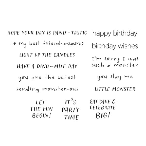 Lot de tampons transparents « Vœux d'anniversaire monstres » de la collection Anniversaire monstre