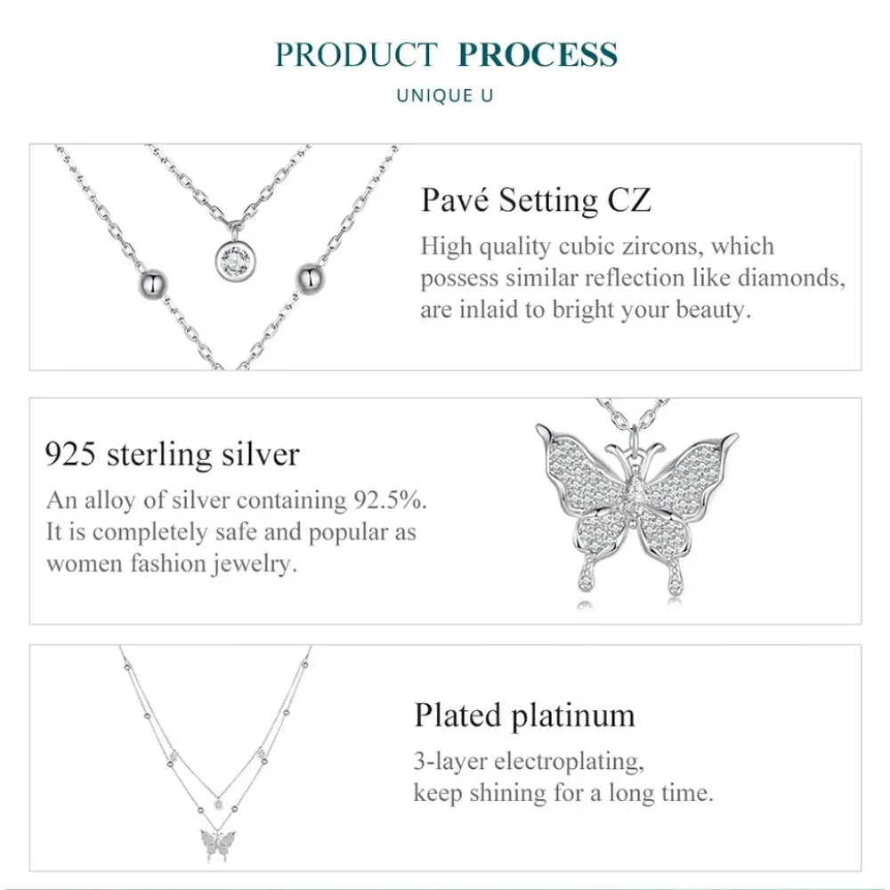 Collier pendentif papillon à double couche en argent sterling 925 pour femme - Bijoux fins élégants