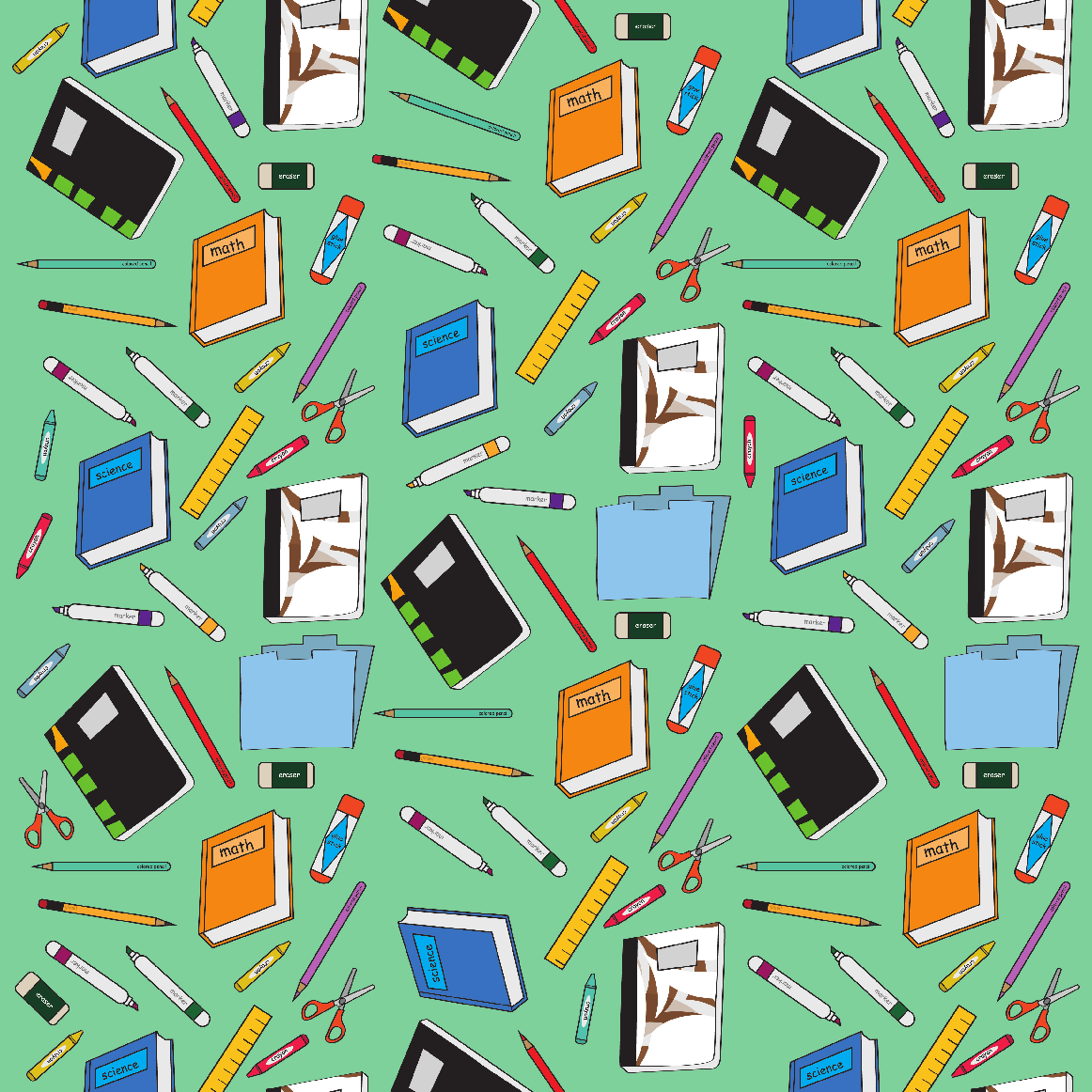 Vinyle thermocollant pour le retour à l'école - Motif fournitures scolaires sur fond menthe