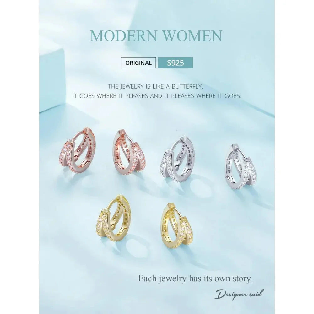 Boucles d'oreilles créoles doubles en argent sterling 925, avec géométrie élégante et cristal de zircon