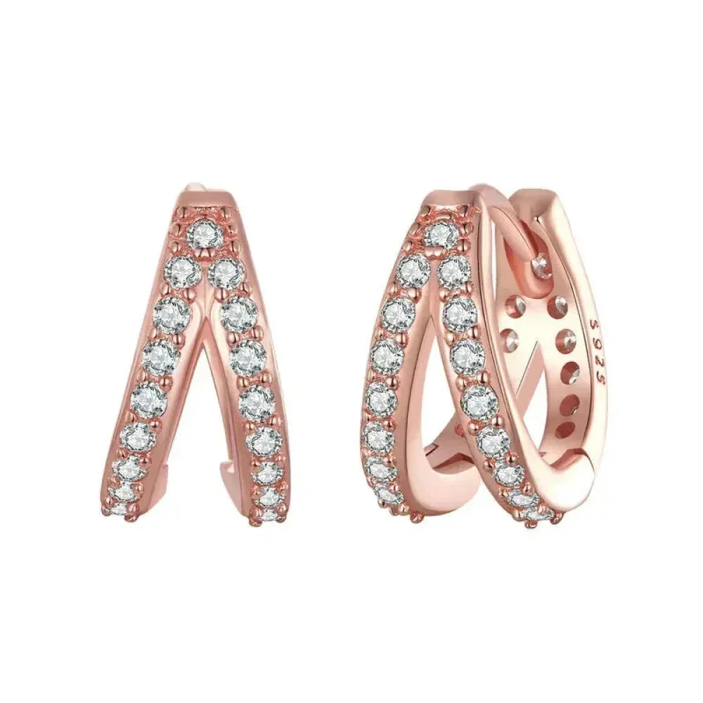 Boucles d'oreilles créoles doubles en argent sterling 925, avec géométrie élégante et cristal de zircon