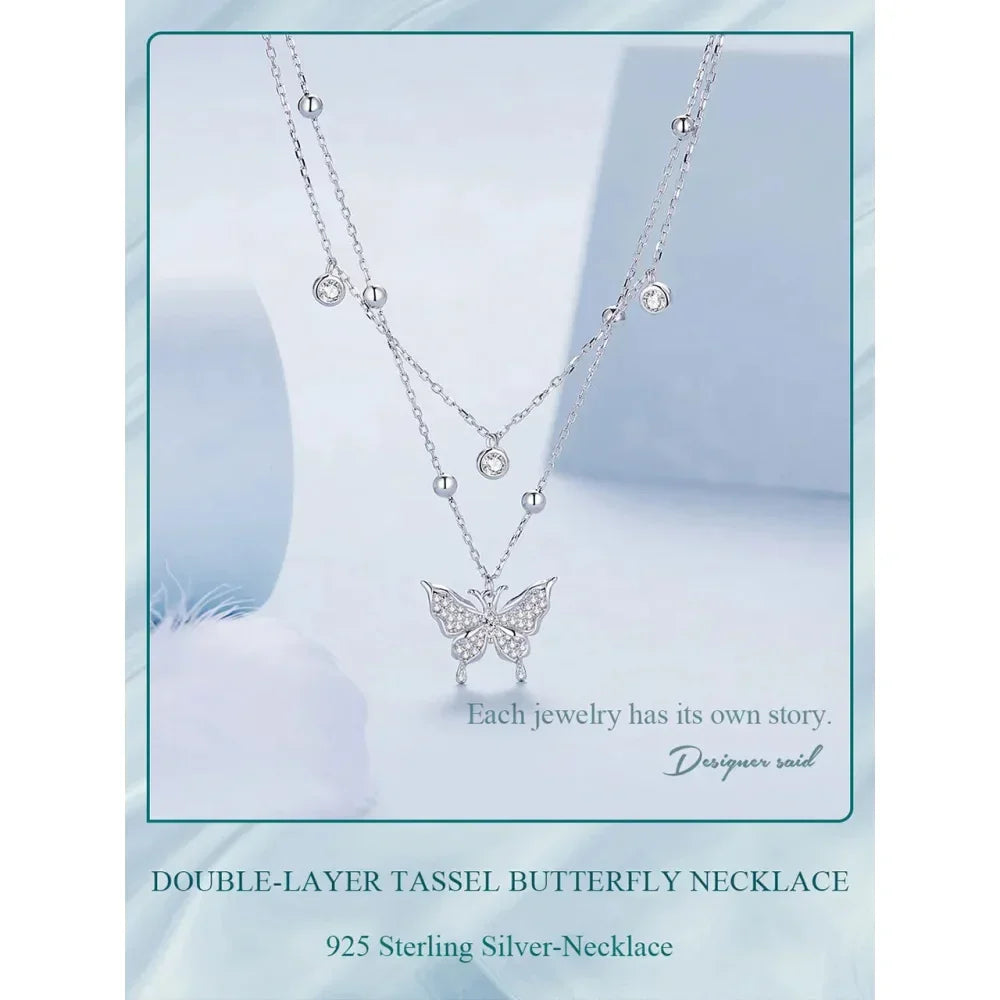 Collier pendentif papillon à double couche en argent sterling 925 pour femme - Bijoux fins élégants
