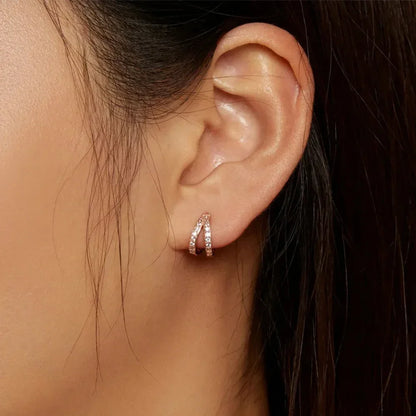 Boucles d'oreilles créoles doubles en argent sterling 925, avec géométrie élégante et cristal de zircon