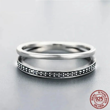 Bague en argent sterling 925 avec double cercle et oxydes de zirconium noirs et clairs