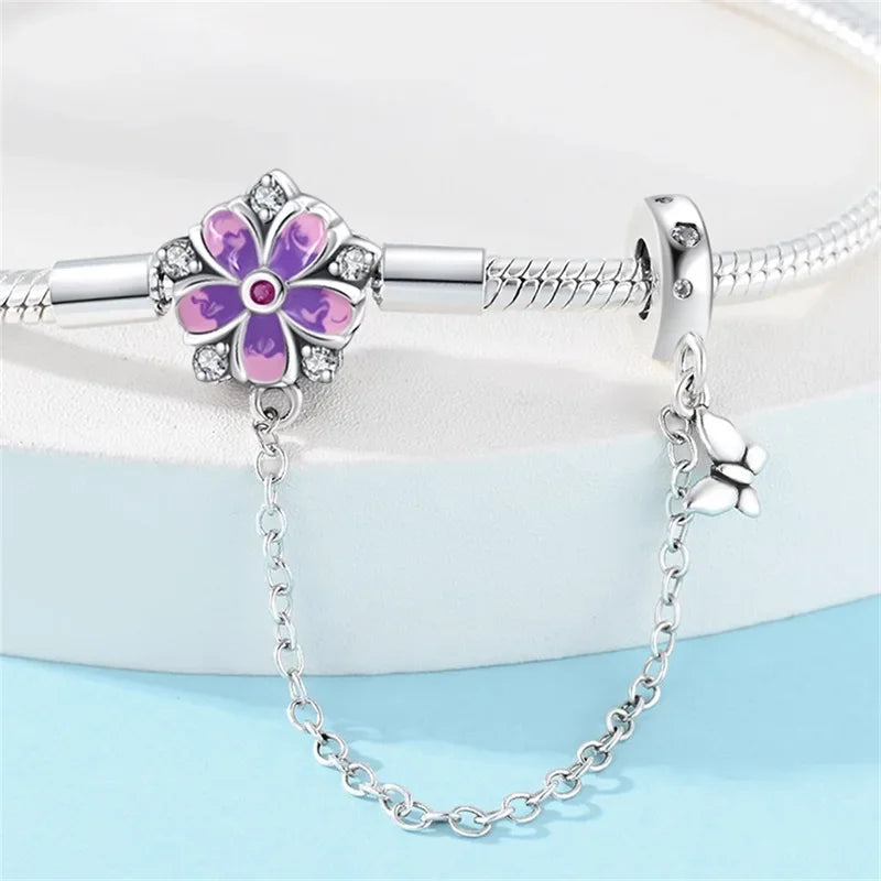 Bracelet à breloques floral en argent sterling avec chaîne de sécurité