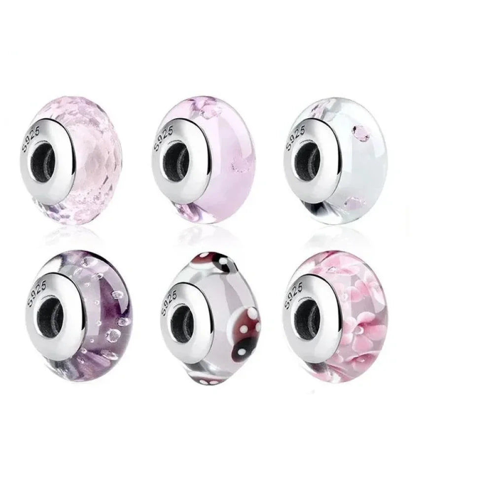 Perles en verre de Murano fleur rose en argent sterling 925 - Breloques de bracelet à faire soi-même pour une touche festive (Scz001)