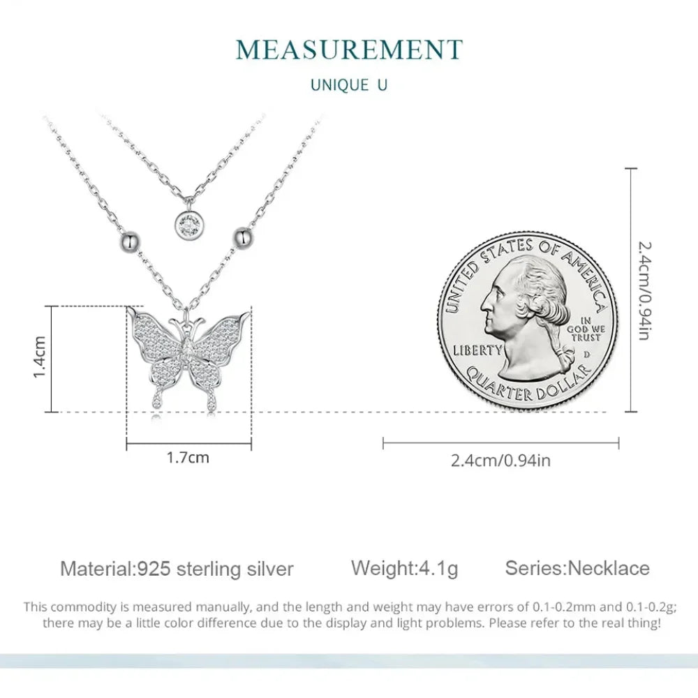 Collier pendentif papillon à double couche en argent sterling 925 pour femme - Bijoux fins élégants
