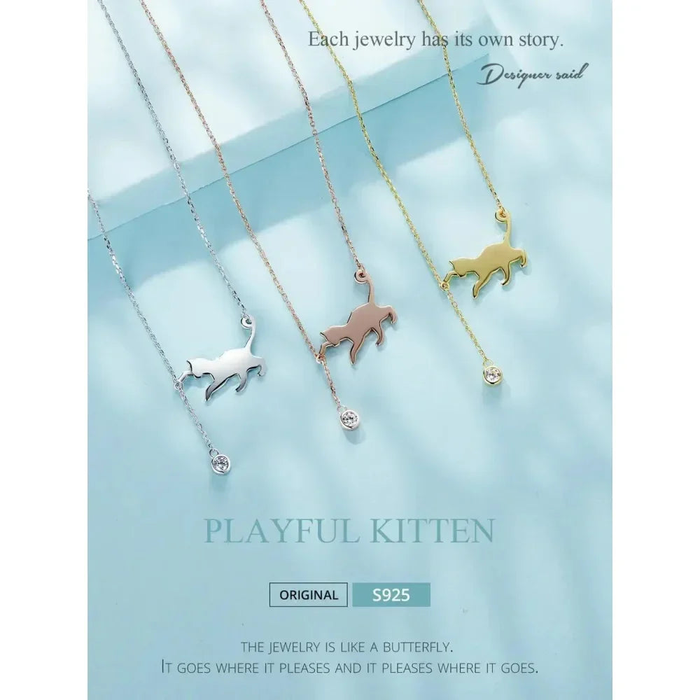 Magnifique collier chat en argent sterling 925 | Élégant pendentif ras-du-cou Scn232 en 3 couleurs