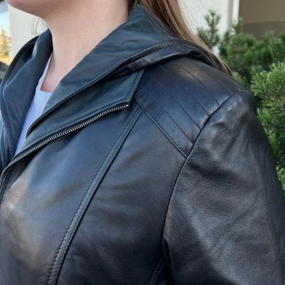 Women's Plus Size Sheep Leather Jacket with Removable Hood