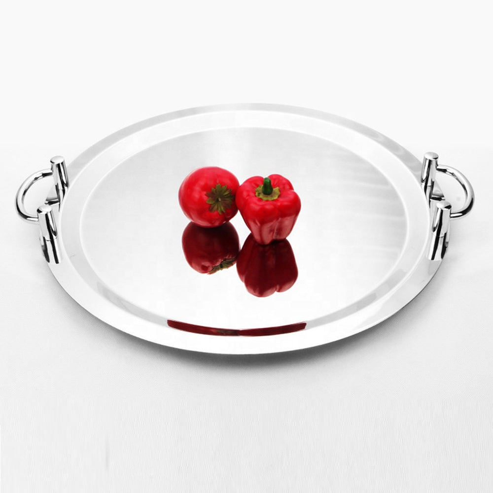 Plateau de service rond en acier inoxydable de 40,6 cm avec poignées argentées