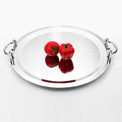 Plateau de service rond en acier inoxydable de 40,6 cm avec poignées argentées