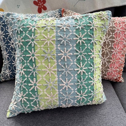 16x16" Geometric Embroidered Cotton Pillow Cover – Starburst Pattern, Paper Silk Back