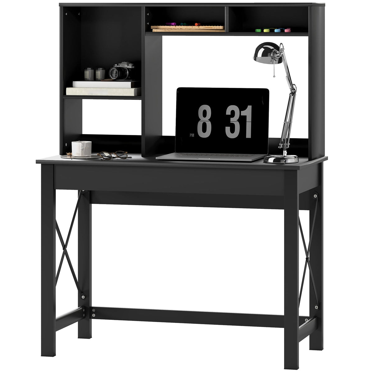 Bureau informatique Sloan avec surmeuble et étagères de rangement - Noir