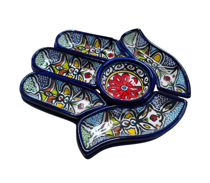 Ensemble de 7 pièces de service apéritif et trempette en céramique artisanale, forme Palme