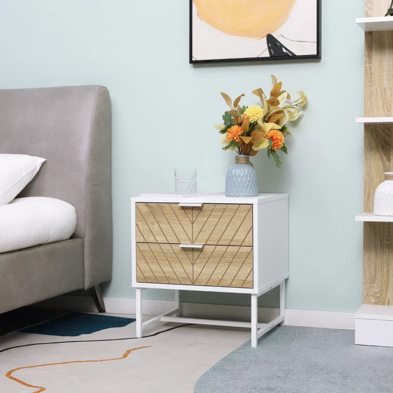 Table de chevet moderne Emery avec 2 tiroirs et pieds en acier-Blanc/Chêne