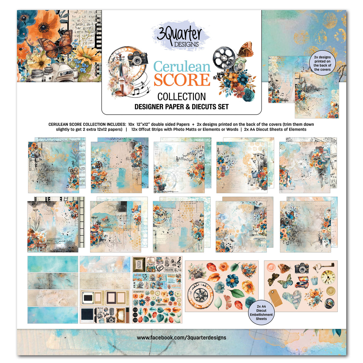 3Quarter Designs Cerulean Score Set de Papier Design 30x30cm et Découpes