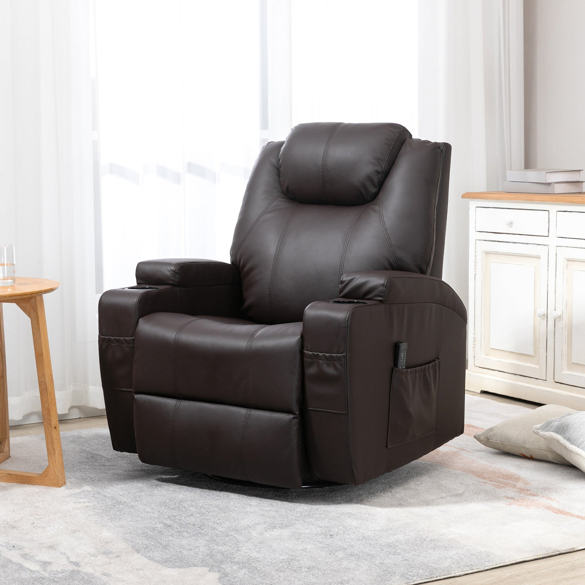Brady Massage Recliner Chair with Swivel, Rocker Features and 8 Vibration Points-Brown