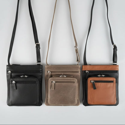 JBG Slim Genuine Leather Crossbody Bag. RFID Blocking Travel Purse with Multi-Zipper Pockets