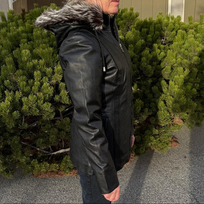 Women's Sheepskin Leather Jacket with Real Fox Fur Trim