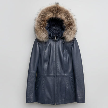 Women's Sheepskin Leather Jacket with Real Fox Fur Trim