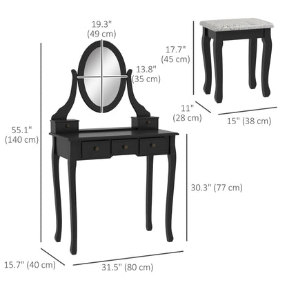 Coiffeuse Emma avec tabouret rembourré et miroir ovale rotatif à 360°-Noir
