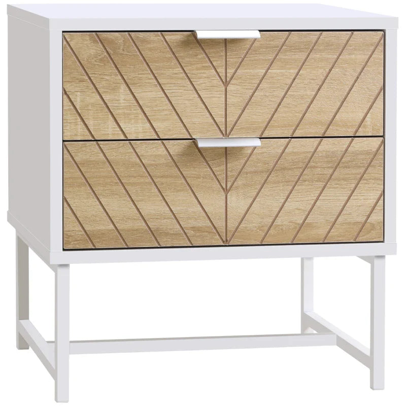 Table de chevet moderne Emery avec 2 tiroirs et pieds en acier-Blanc/Chêne
