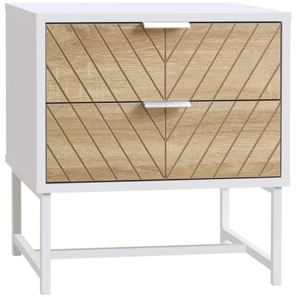 Table de chevet moderne Emery avec 2 tiroirs et pieds en acier-Blanc/Chêne